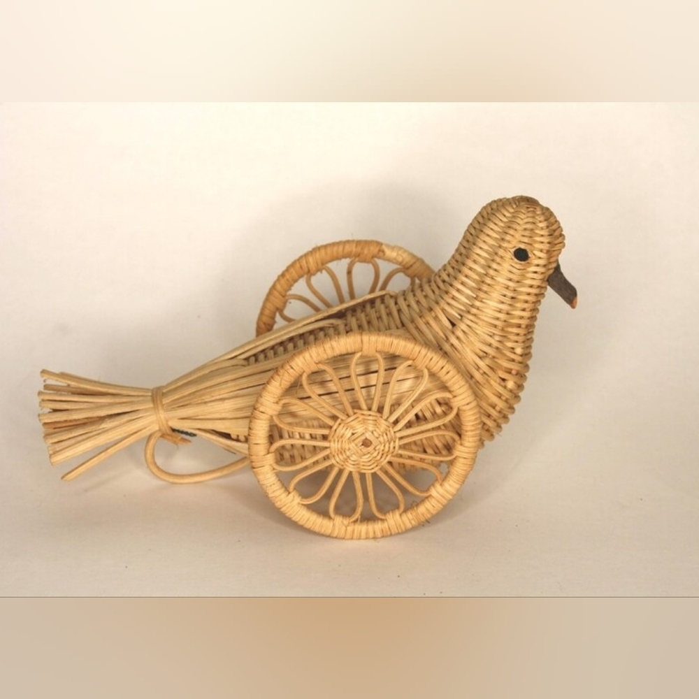 Vintage Wicker Bird on Wheels fun Decor bird love Odd Whimsical Decor